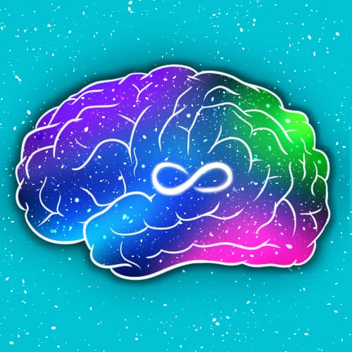 image of a multi-colored brain with an infinity symbol in the middle on a teal background